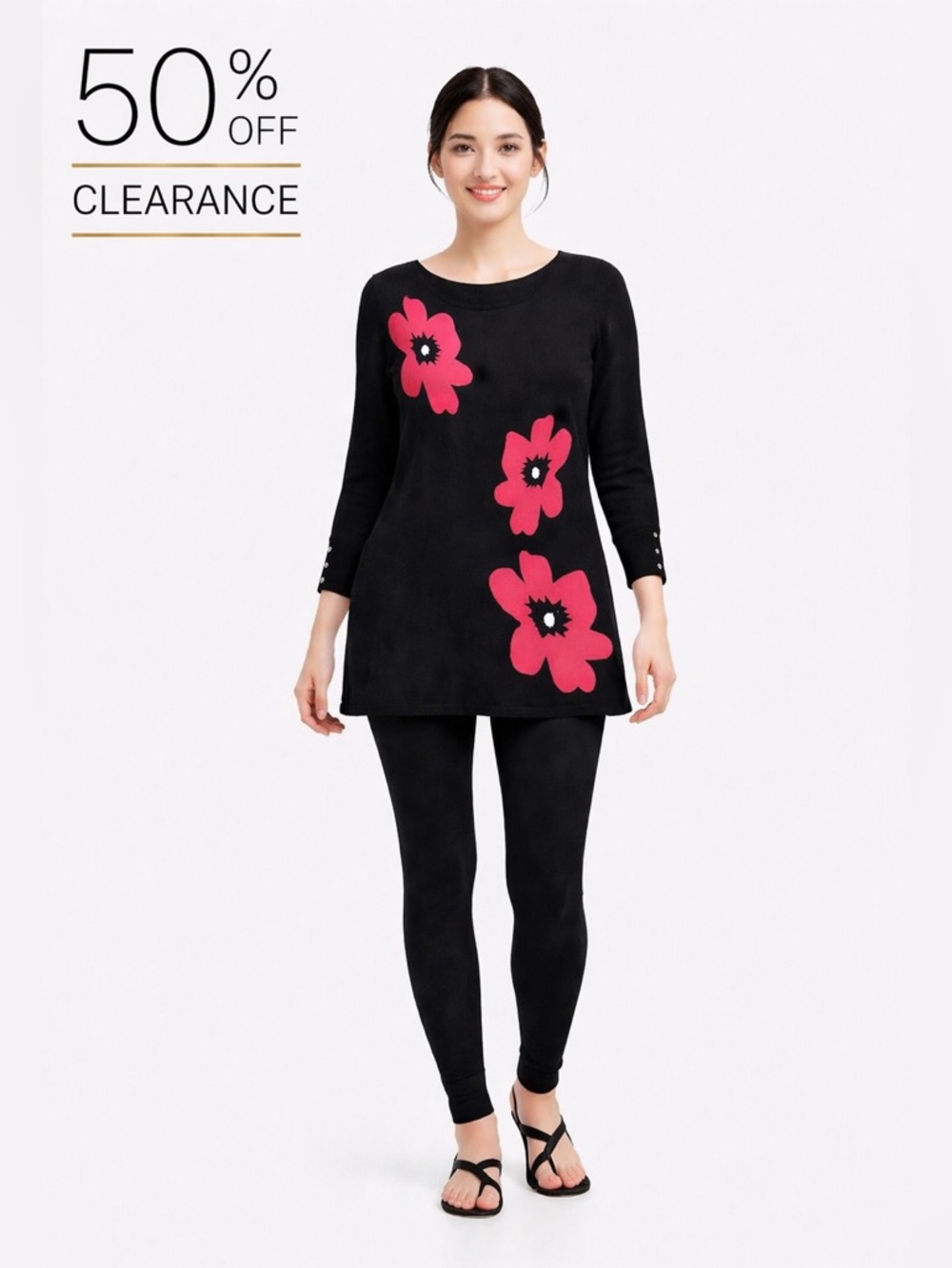 Floral Long Top - Black with Pink Flowers